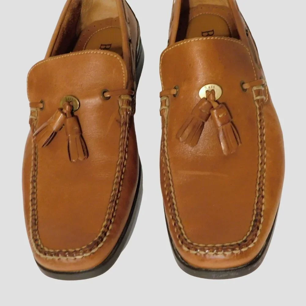 Bass Mens Tassel Loafers 10M Brown Leather Slip On Merino